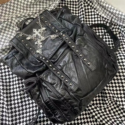 Fashion Women Chain Rivet Black Punk Goth Y2k Bag Backpack Skeleton