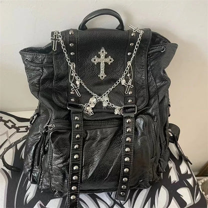 Fashion Women Chain Rivet Black Punk Goth Y2k Bag Backpack Skeleton