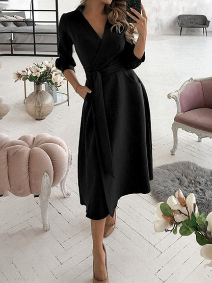 Amy Fashion - Long Sleeve V-neck Belt Pockets Casual Dress