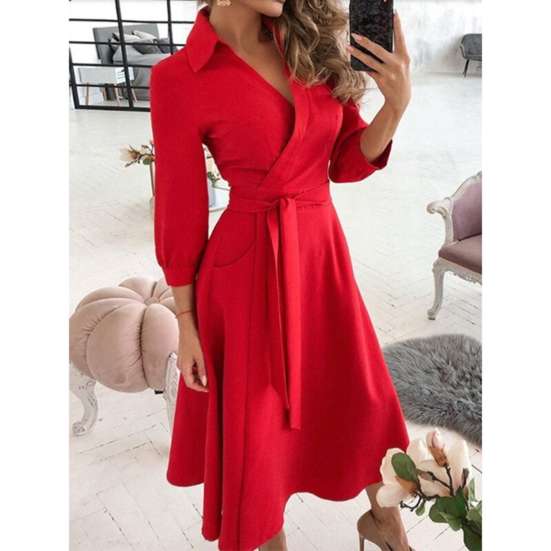 Amy Fashion - Long Sleeve V-neck Belt Pockets Casual Dress