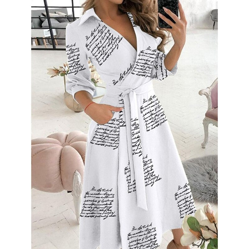 Amy Fashion - Long Sleeve V-neck Belt Pockets Casual Dress