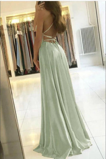 Amy Fashion - A-line Long Satin Spaghetti Straps Sexy Slit Wedding Dress