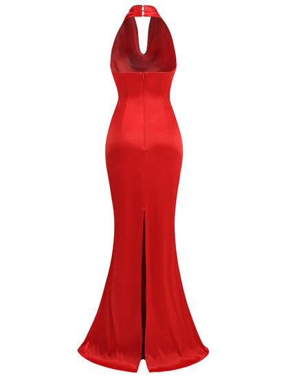 Red Backless Halter V-Neck Maxi Bodycon Christmas Party Dress