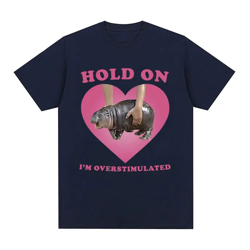 Oversized Cotton Funny Pink Heart Hold On Baby Hippo Graphic Men Women T-Shirt Moo Deng