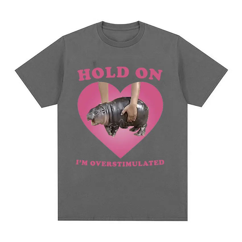 Oversized Cotton Funny Pink Heart Hold On Baby Hippo Graphic Men Women T-Shirt Moo Deng