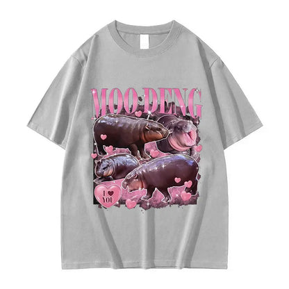 Retro Aesthetic Funny Meme Hippo Oversized Cotton Men Women Harajuku Fashion T-Shirt Moo Deng