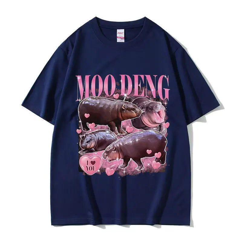 Retro Aesthetic Funny Meme Hippo Oversized Cotton Men Women Harajuku Fashion T-Shirt Moo Deng