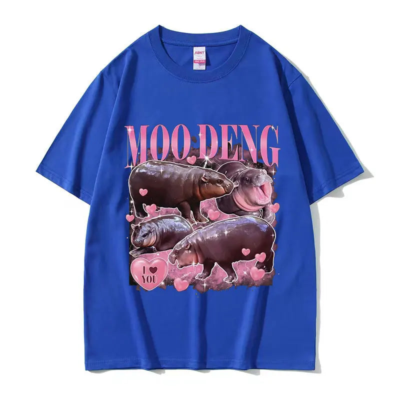 Retro Aesthetic Funny Meme Hippo Oversized Cotton Men Women Harajuku Fashion T-Shirt Moo Deng