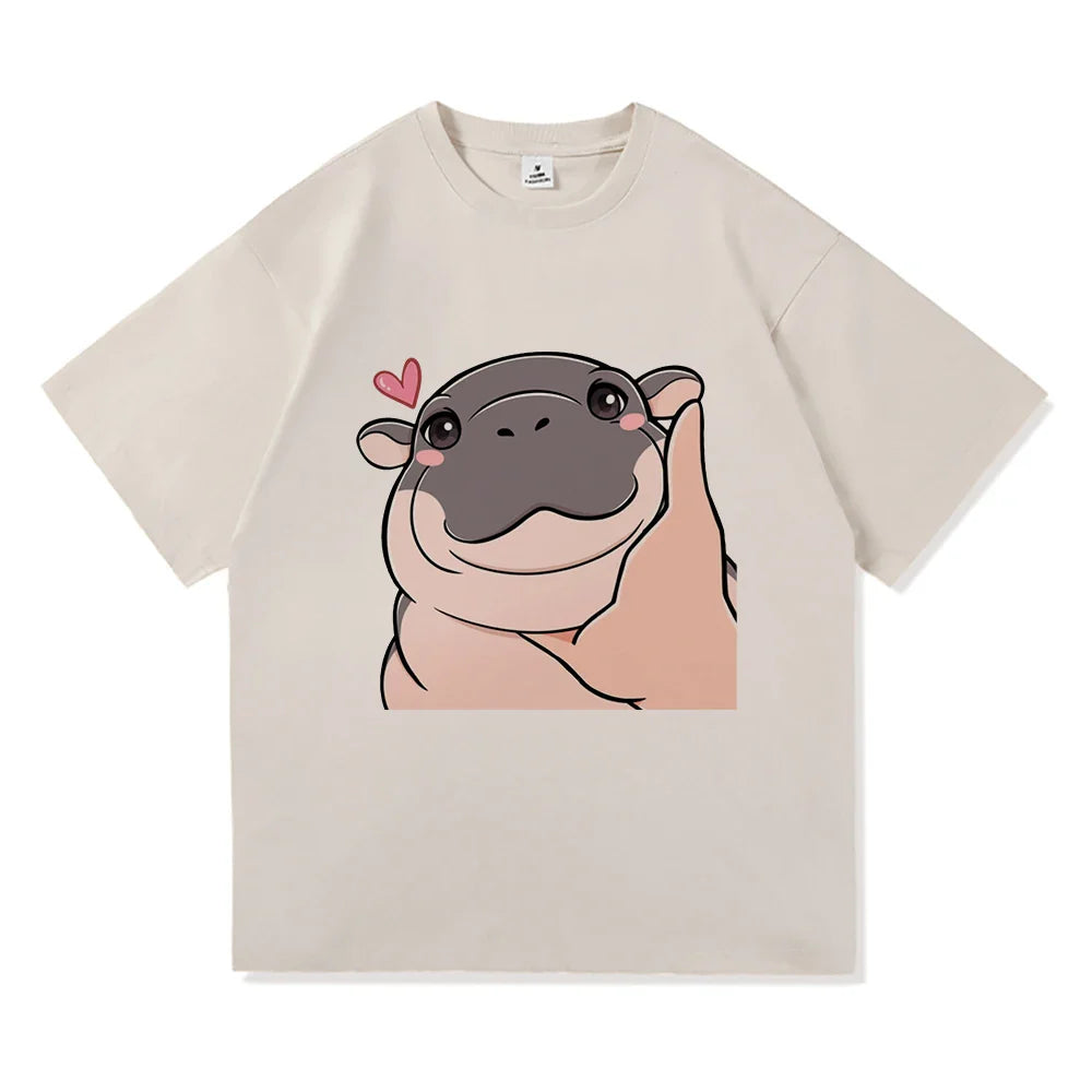 Harajuku Aesthetic Classic Cartoon Cute Hippo High Quality Cotton Unisex Men T-Shirt Moo Deng