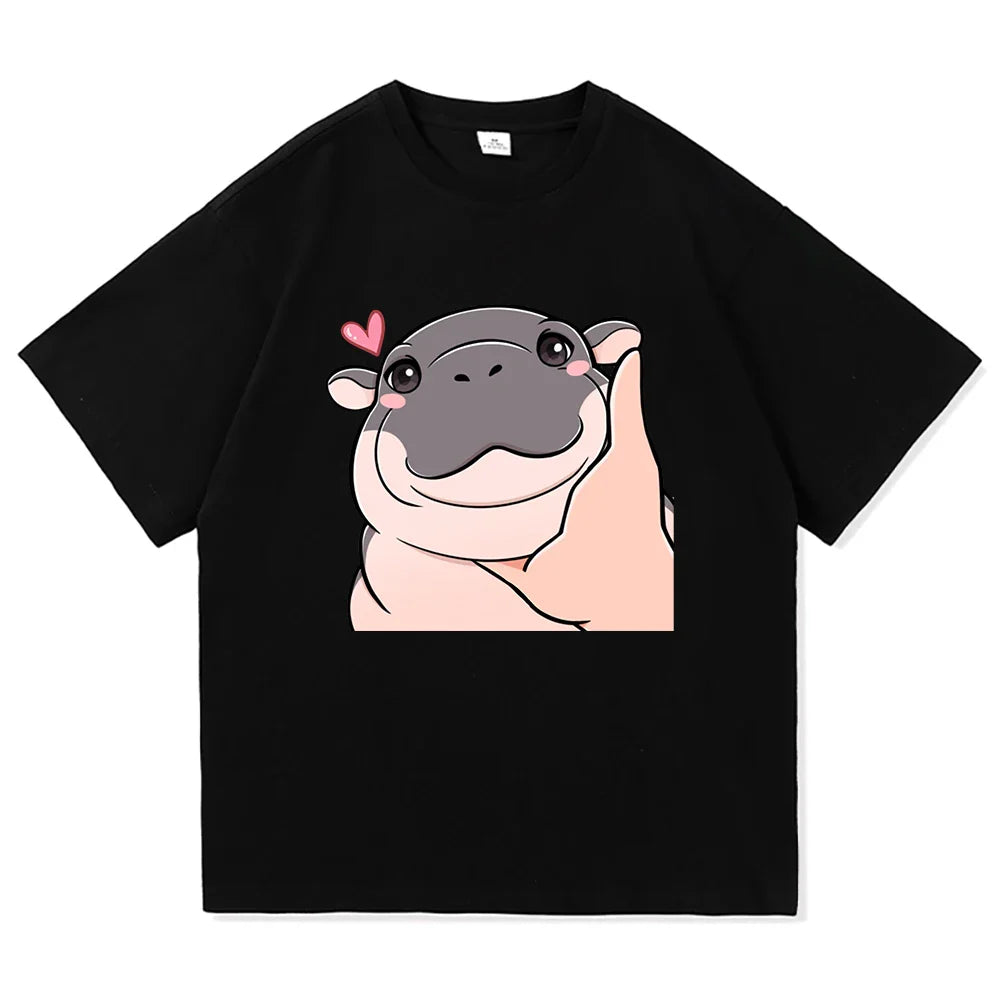 Harajuku Aesthetic Classic Cartoon Cute Hippo High Quality Cotton Unisex Men T-Shirt Moo Deng