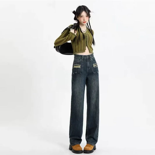 Amy Fashion - Summer New Design Sense High Waist Loose Fitting Slim Straight Pants Narrow Edition Wide Leg Jean