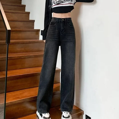 Amy Fashion - Natural Waist New Button Minimalist Trendy Summer Ins Wash Long Harajuku Wide Leg Black Jean