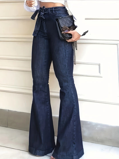 Amy Fashion - Navy Blue Flared Autumn High-Stretch With Waistband Bell Bottom Wide Legs Denim Jean