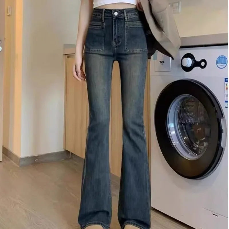 Amy Fashion - New Design Sense High Waist Micro Flared Plush Slim Long High Wide Leg Jean