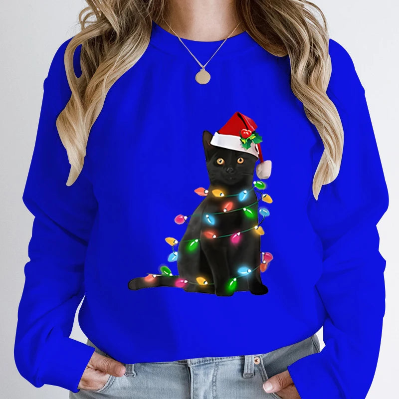 Black Cat Christmas Light Print Hoodie