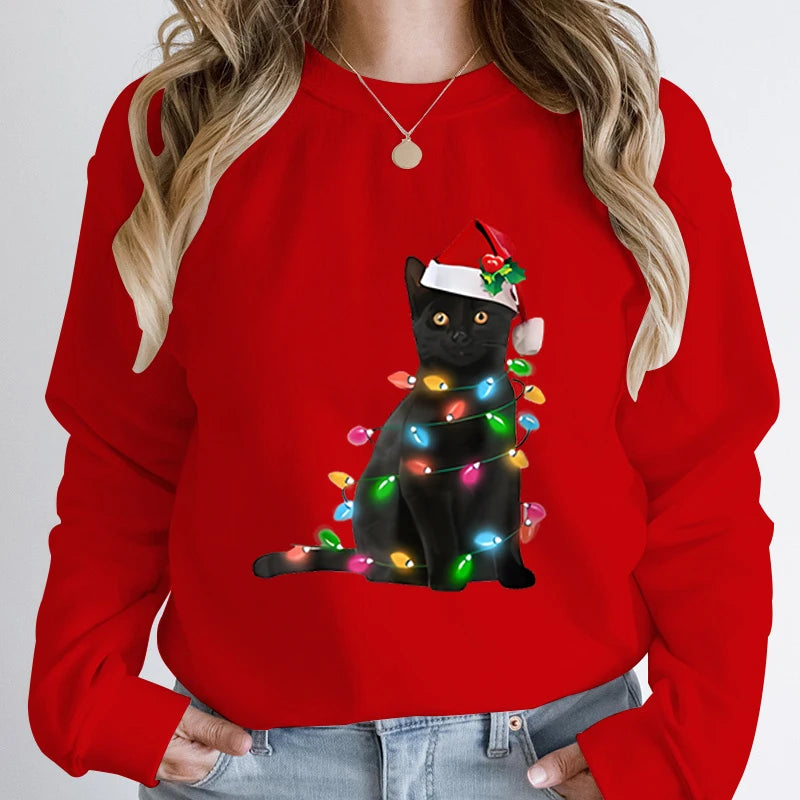 Black Cat Christmas Light Print Hoodie