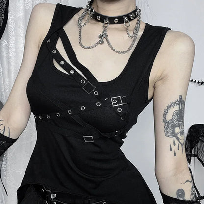 Vintage Punk Sleeveless Black Slim Sexy Casual Retro Y2K Women Crop Top