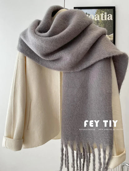 Mohair Winter Scarf - Solid Color, Thickened Wool, Fringed