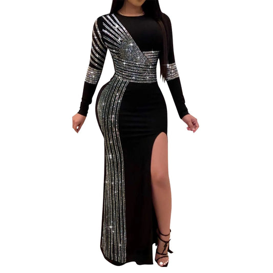 Patchwork Sequin Sheath Skinny High Side Slit O-Neck Long Sleeve Celebrity Bodycon Maxi Lady Vestidos Dress