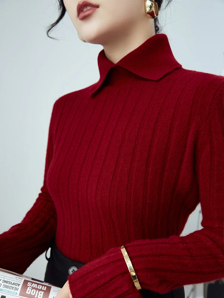 New Polo Collar Women's Knitted Long Sleeve Slim Fit Pullovers Autumn Winter Sweater