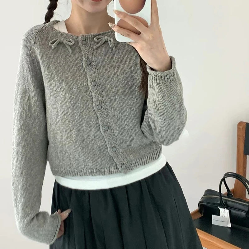 Sweet Korean Bow Kawaii Casual Autumn Preppy Skew Button O Neck Sweater