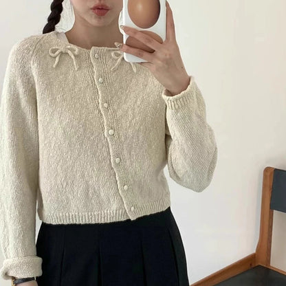 Sweet Korean Bow Kawaii Casual Autumn Preppy Skew Button O Neck Sweater