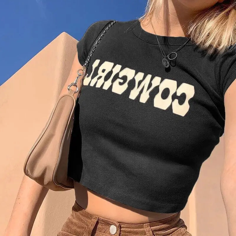 AMY - COWGIRL Print Casual Streetwear Short Sleeve Crop Top