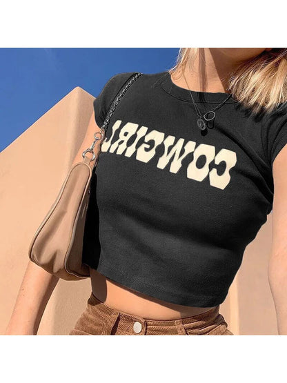 AMY FASHION - COWGIRL Print Casual Streetwear Short Sleeve Crop Top