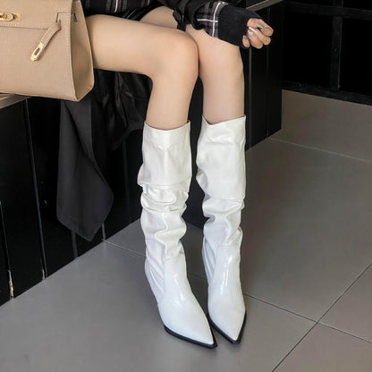 Pointed Toe Ruched Over-Knee High Heel Long Tube Rider Boots Autumn Winter 2024 Women's Shoes