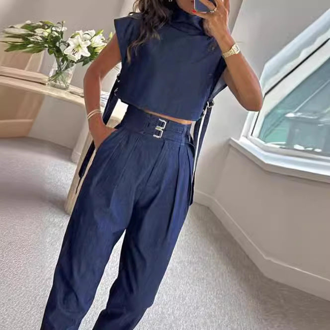 Casual Belted High Neck Long Pants Suit