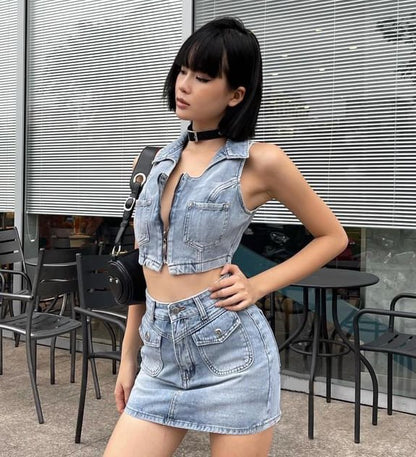 Zipper Sleeveless High Waist Pocket Denim Suit