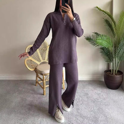 Simple Zipper Knitted High Neck Pajama Suit