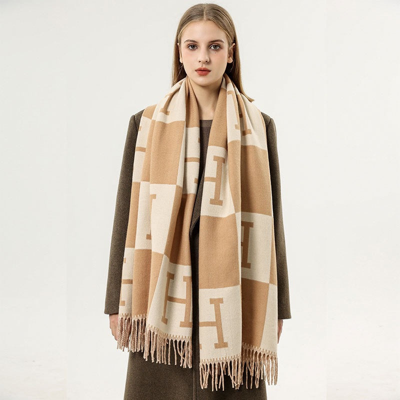 2024 New Faux Cashmere Fringe Warm Double-Sided Cozy Blanket Soft Scarf