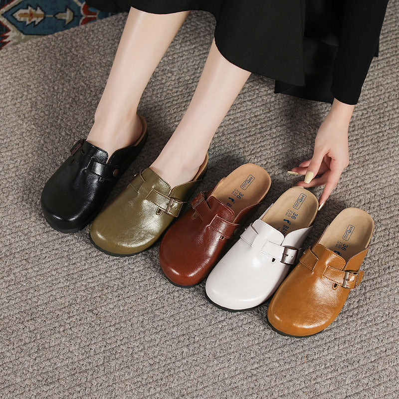 Vintage Genuine Leather Closed Toe Comfortable Thick Sole Half Slippers Shoes