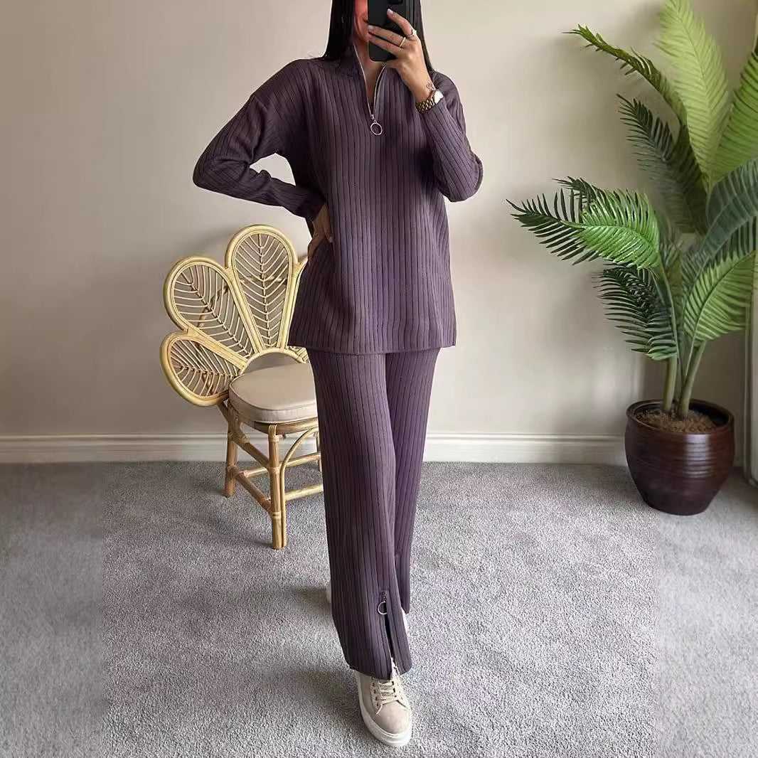 Simple Zipper Knitted High Neck Pajama Suit