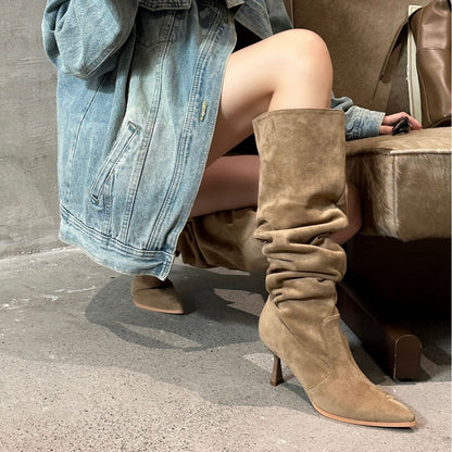 2024 New  Fashion Wholesale Autumn Winter Long Tube Ruched Pointed Toe Thin Heel High Boots Shoes