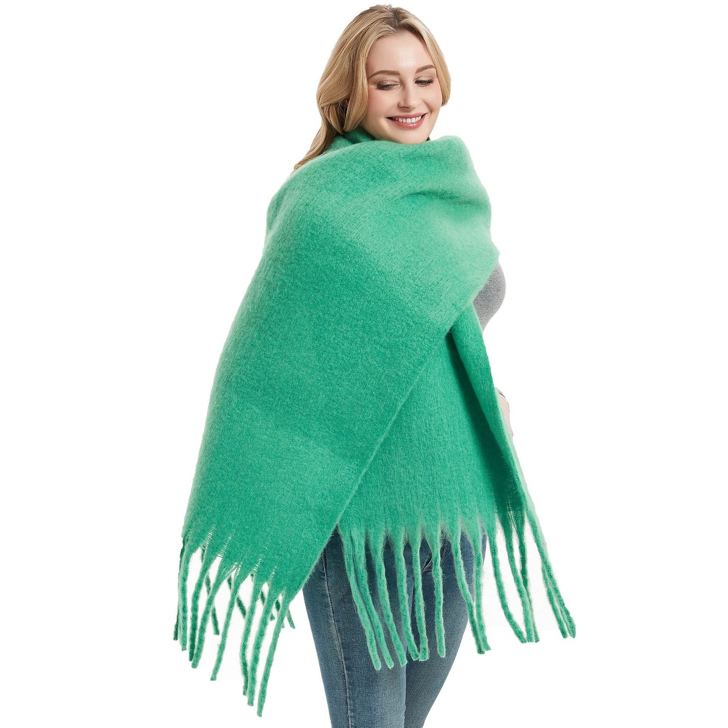 Autumn Winter Long Fringe Thick Plain Green Scarf