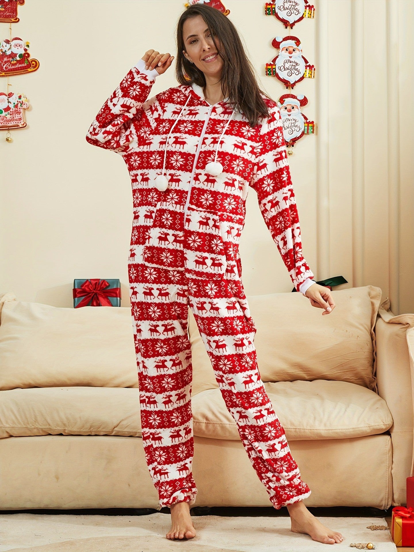 Christmas Reindeer Flannel One-Piece Pajama Suit