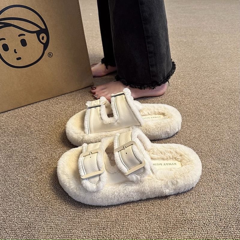 Fur Trendy Autumn Winter One Strap Cotton Slippers Korean Style Shoes