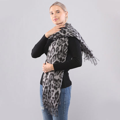 Autumn Winter Long Leopard Print Fringe Double-Sided Thick Warm Cozy Scarf