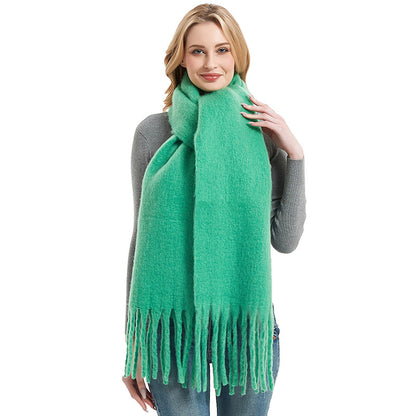 Autumn Winter Long Fringe Thick Plain Green Scarf