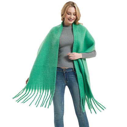 Autumn Winter Long Fringe Thick Plain Green Scarf