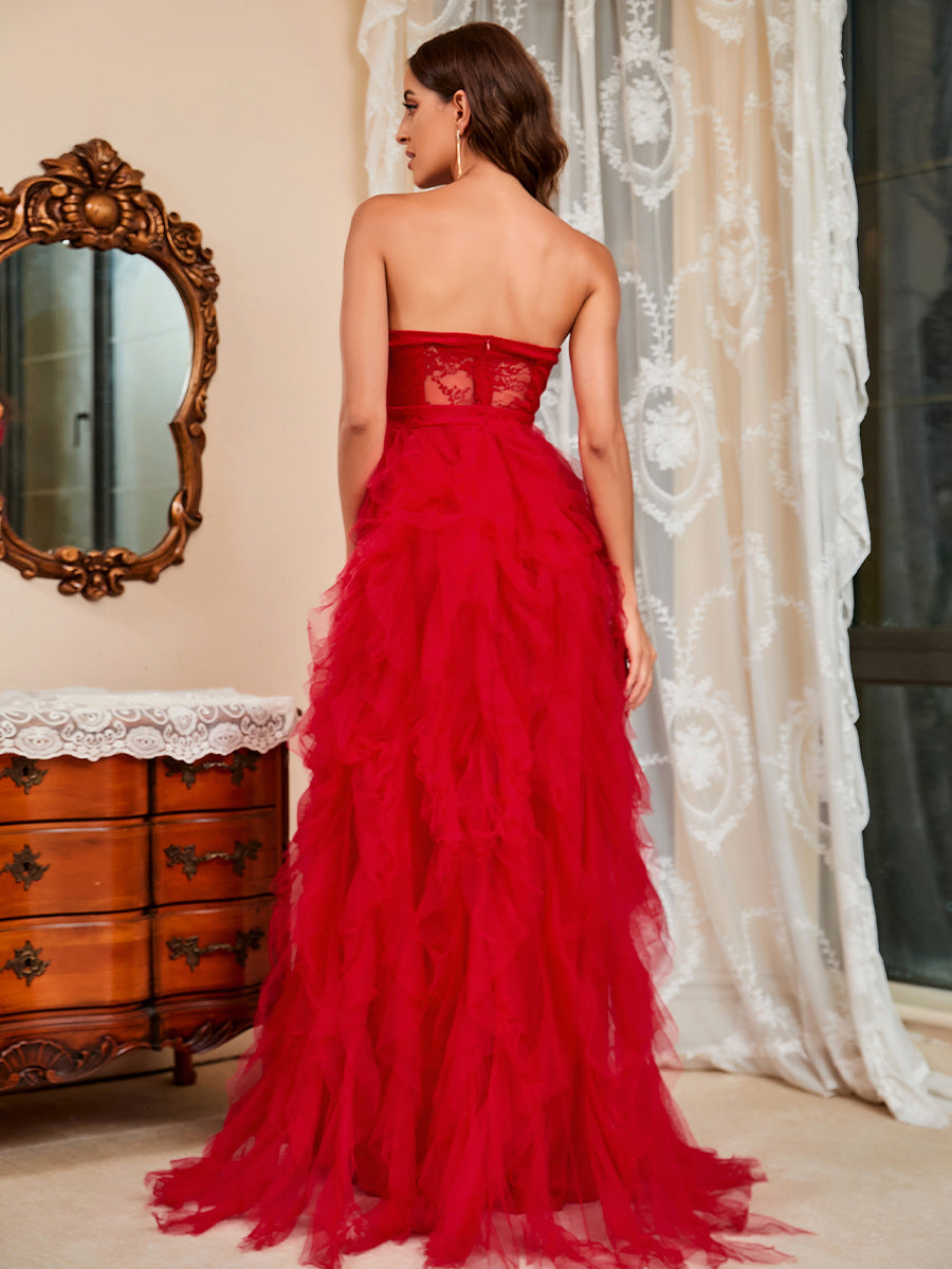 Amy Fashion - Tiered Ruffles High Split Red Formal Women Evening Dress