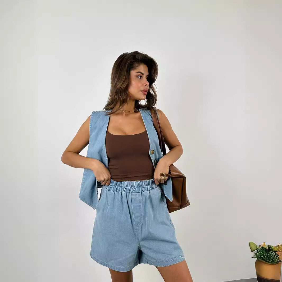 Casual Denim Button Vest Elastic Waist Shorts Suit