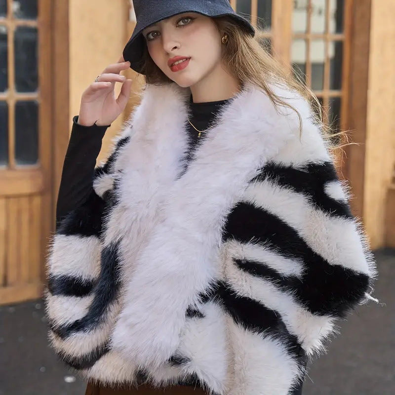 New Faux Fur Fox Thick Long Cape Zebra Print Elegant Warm Scarf