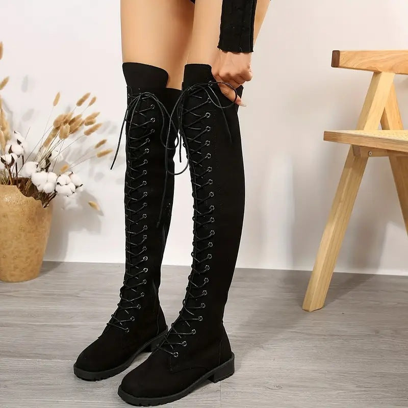 Wish AliExpress Hot Sale Plus Size 414243 Lace-Up Over-Knee Long Boots Flat Women's Shoes