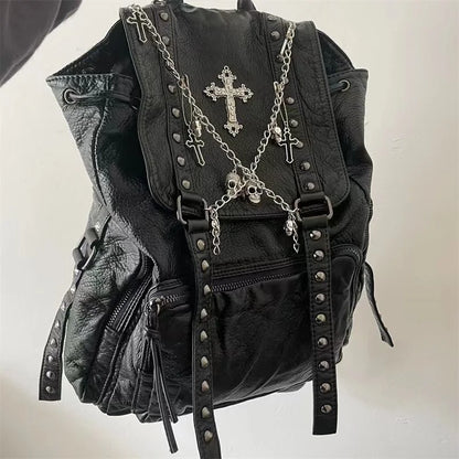 Backpack Leather Girls Y2K Gothic Style Korean Skull Soft Cross Punk Bag Chain