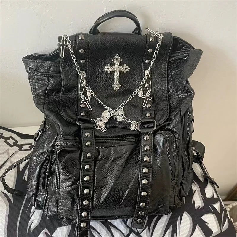 Backpack Leather Girls Y2K Gothic Style Korean Skull Soft Cross Punk Bag Chain