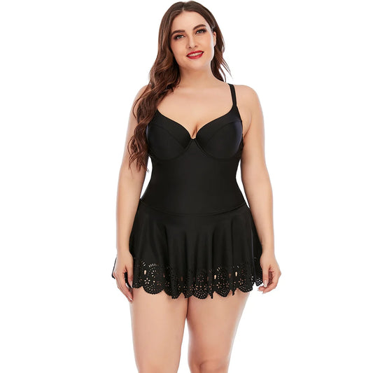 Oversize Solid Black Halter Push Up Padded Underwire Tankini Swimsuit