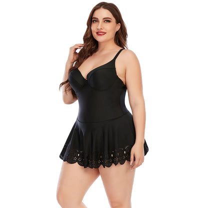 Oversize Solid Black Halter Push Up Padded Underwire Tankini Swimsuit